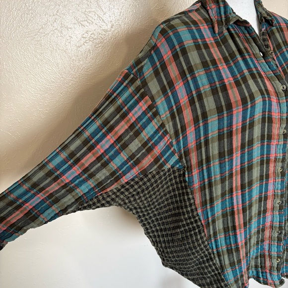 Free People One Of The Guys Green Plaid Cotton Button Down Shirt Oversized Boho - Picture 7 of 10